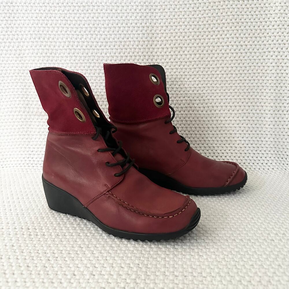 Wolky Deep Red Leather Lace Up Mid Calf Square Toe Wedge Heel Boots 37 Comfort